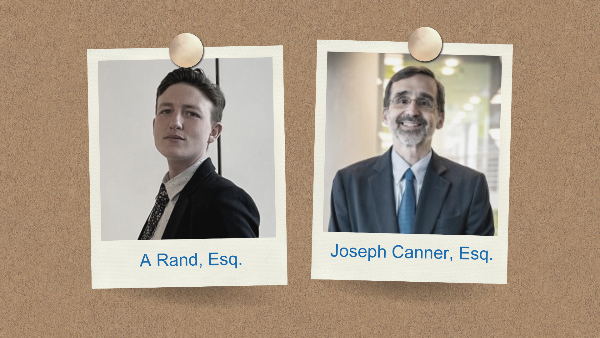 Two headshots are pinned on a corkboard. The left image shows a confident person in a suit. The right image features a smiling man in a suit and tie.