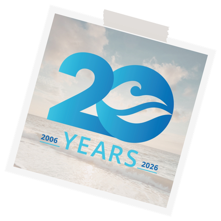 A graphic showing the number "20" with a wave design, accompanied by the text "YEARS" and the years "2006" and "2026," set against a beach background.