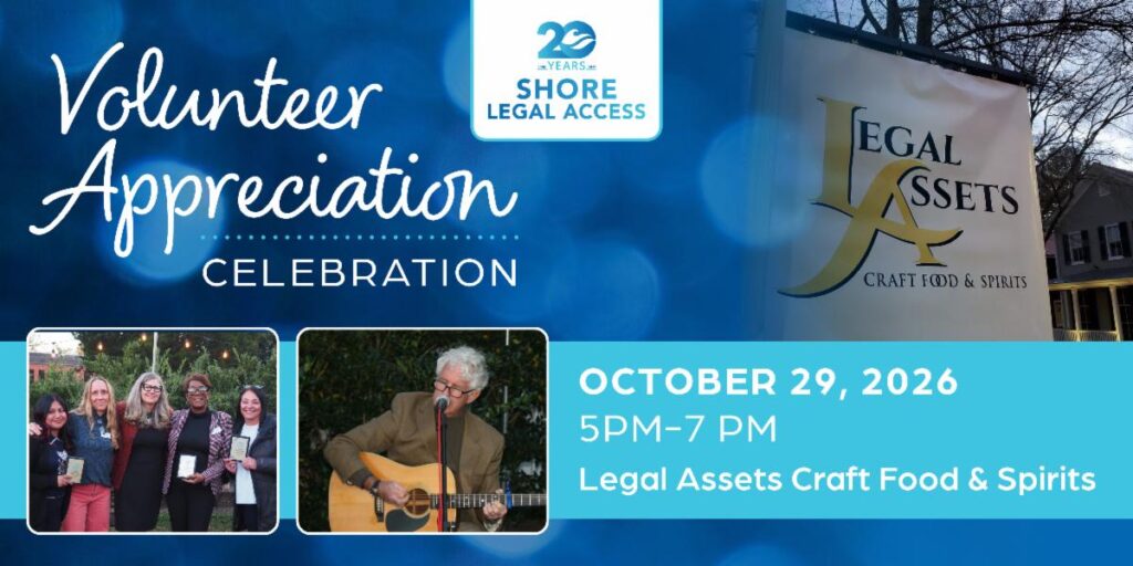 Event flyer for a Volunteer Appreciation Celebration on October 29, 2026, from 5-7 PM at Legal Assets Craft Food & Spirits, featuring photos of volunteers and a musician.